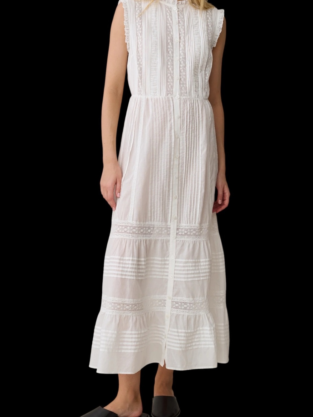 Sorella Few Moda Primrose Cotton Dress White Lace Sleeveless Button-Front Maxi